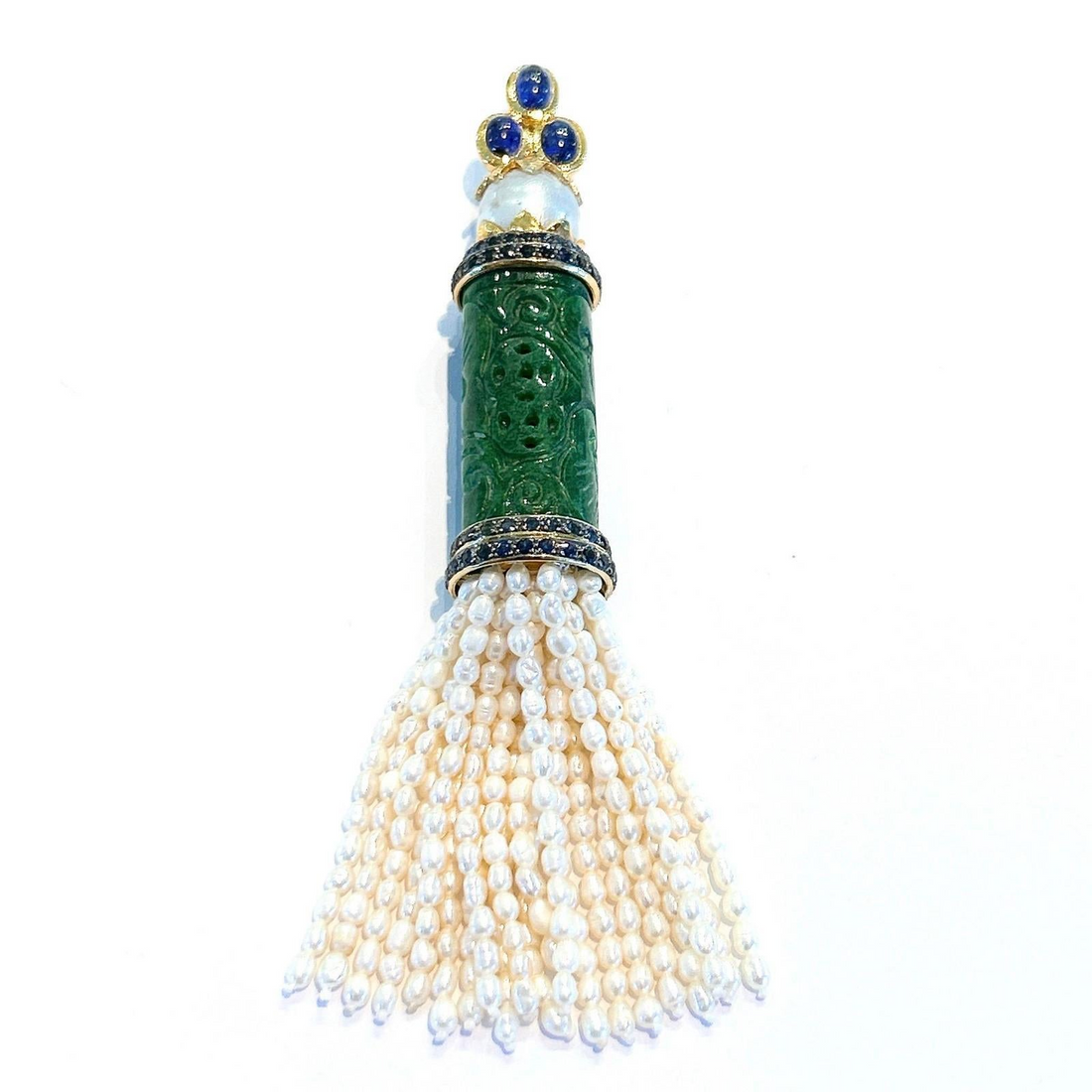 Bochic “Orient’ South Sea Pearl, Sapphire & Jade Pendant Set 18K Gold & Silver