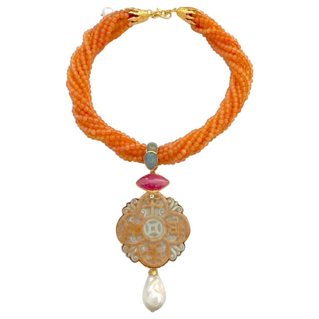 Bochic “Orient” Ruby, Cornelian, Jade,  Aquamarine & Pearl Necklace Drop