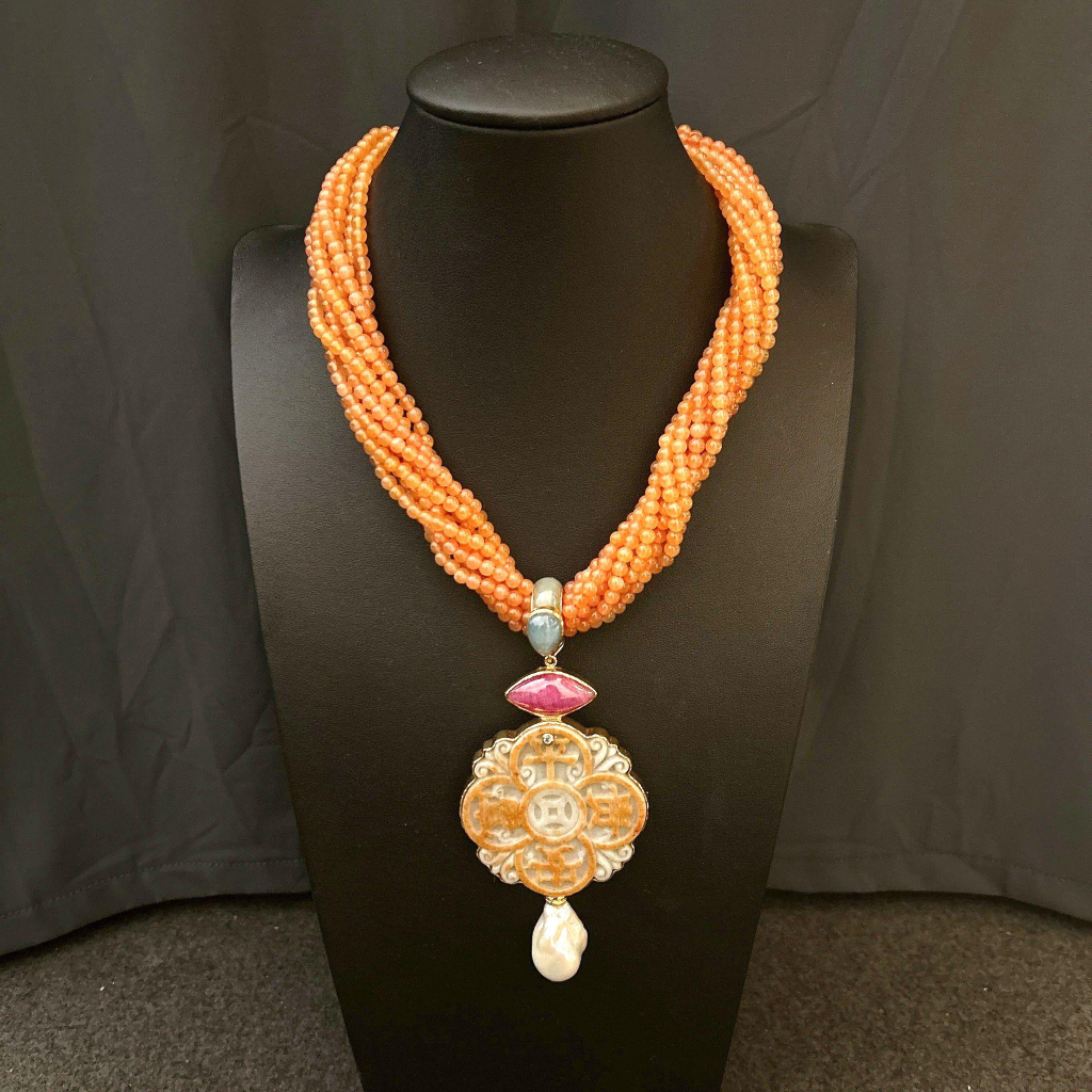 Bochic “Orient” Ruby, Cornelian, Jade,  Aquamarine & Pearl Necklace Drop
