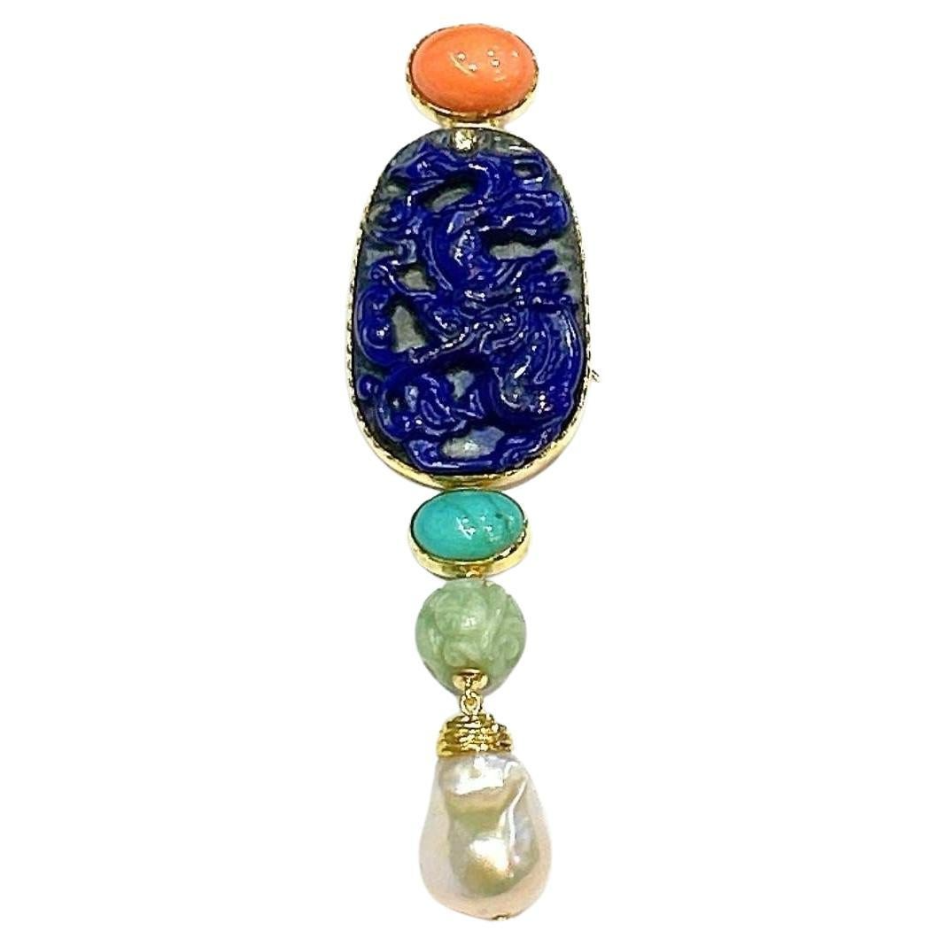 Bochic “Orient” Vintage Jade & Blue Lapis & Coral BroochPendant Set 18K & Silver