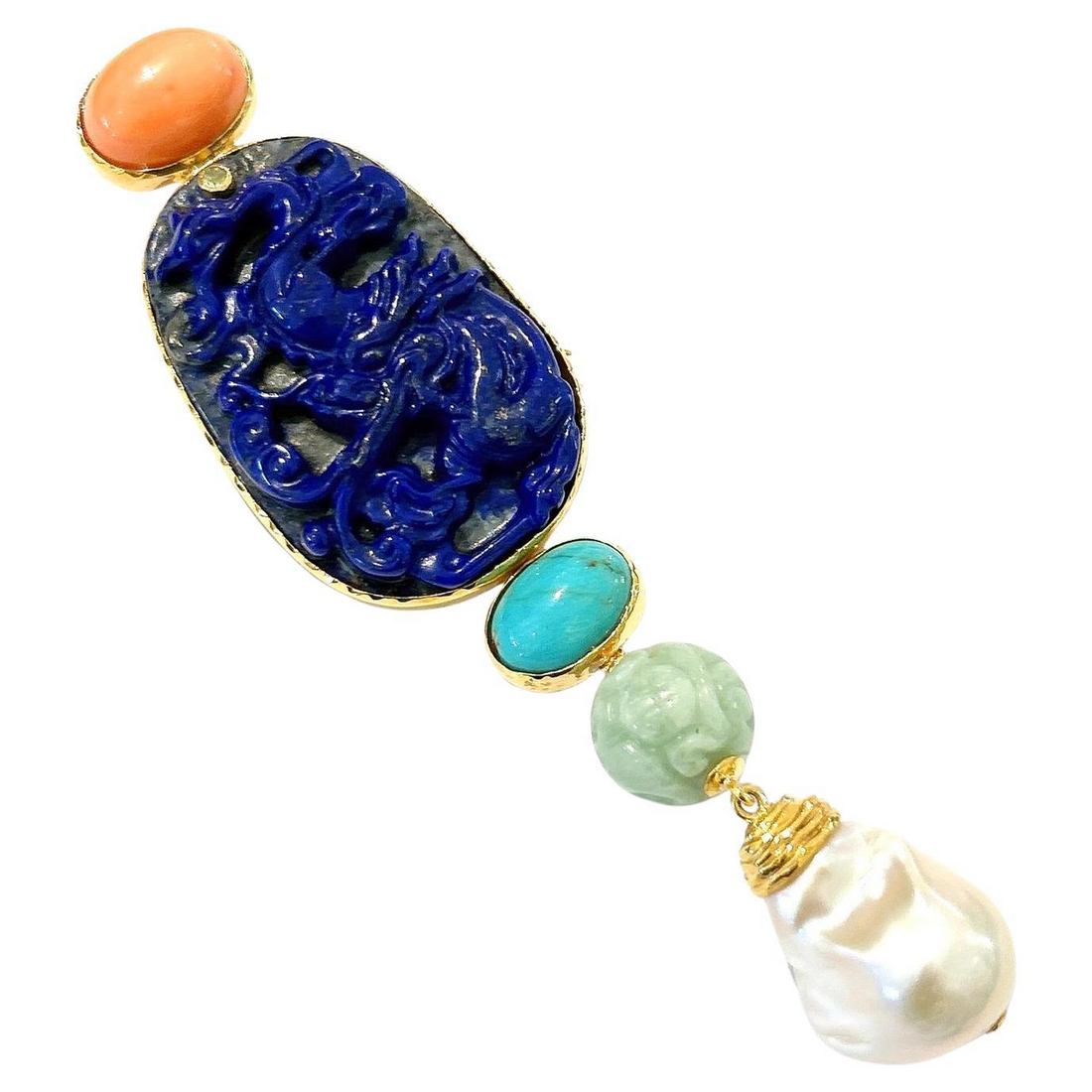 Bochic “Orient” Vintage Jade & Blue Lapis & Coral BroochPendant Set 18K & Silver