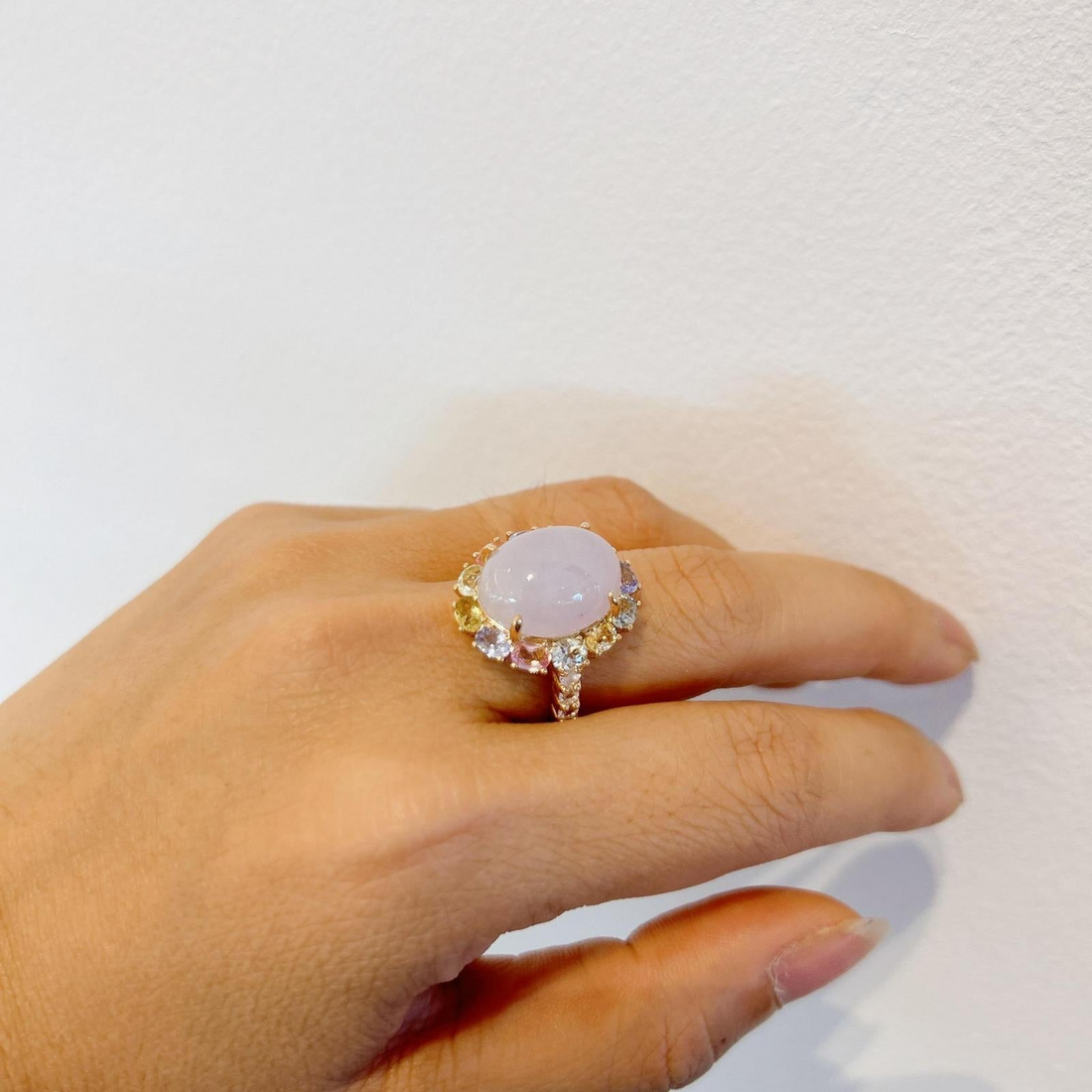“Capri” Natural Lilac Jade Cocktail Ring Set in 18k Gold & Silver