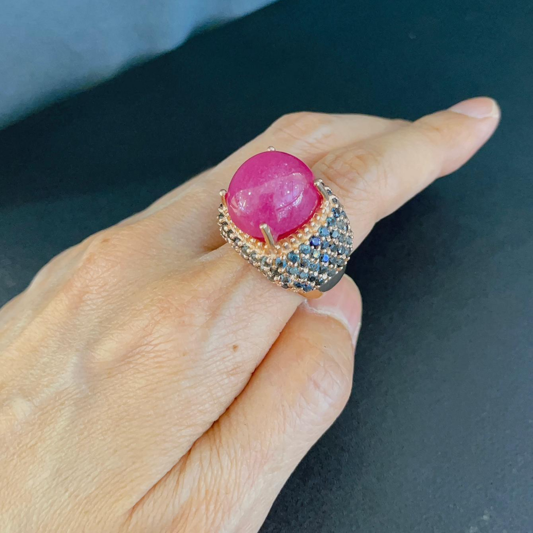 “Capri” Red Ruby & Blue Sapphire Cocktail Ring Set in 22k Gold & Silver
