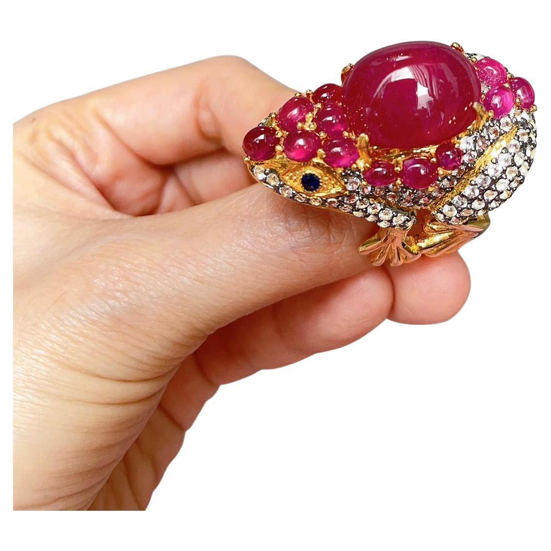 “Orient” Red Ruby & White Topaz Cocktail Ring Set in 22k Gold & Silver