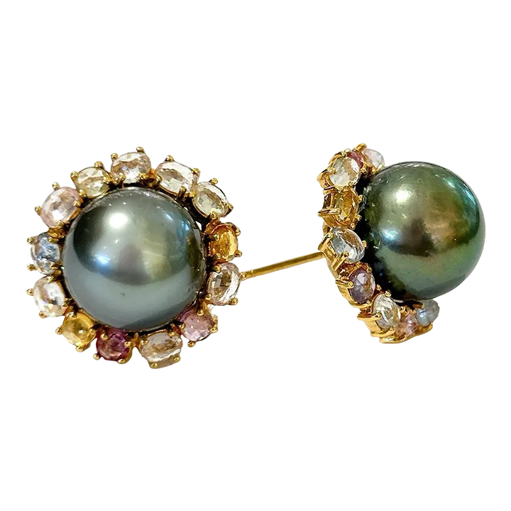 Bochic “Orient” Tahiti Pearls & Multi Color Sapphire Earrings Set in 18k Gold & Silver - 2 Pieces