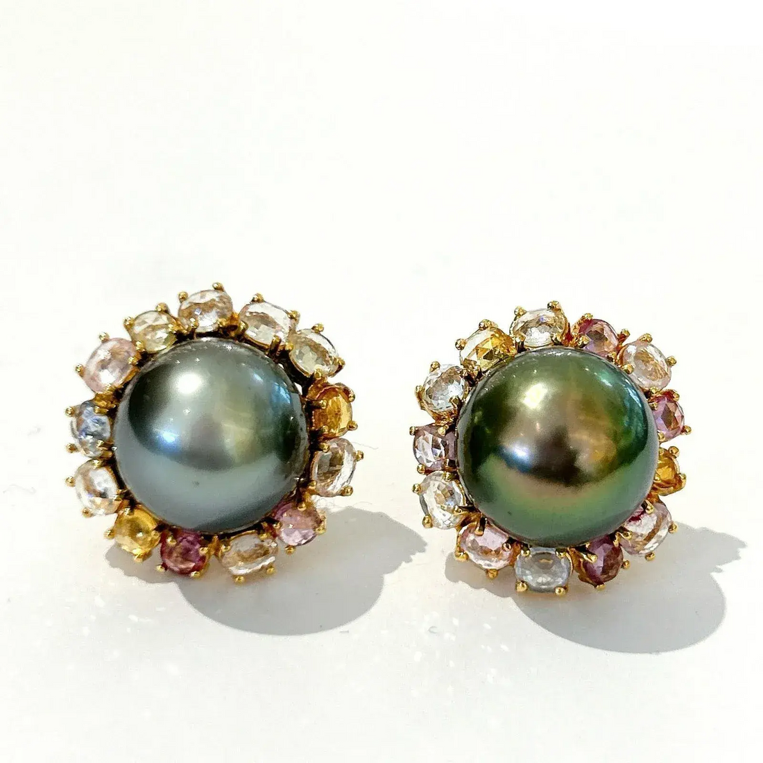 Bochic “Orient” Tahiti Pearls & Multi Color Sapphire Earrings Set in 18k Gold & Silver - 2 Pieces