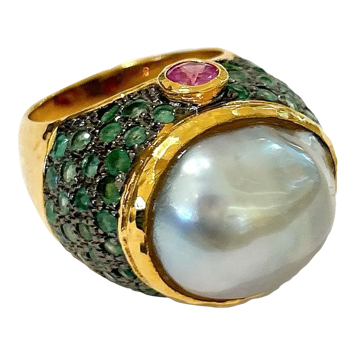 Bochic “Orient” Tahiti Pearl & Multi Gem Ring Set in 18k Gold & Silver, Size Us 7