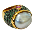Bochic “Orient” Tahiti Pearl & Multi Gem Ring Set in 18k Gold & Silver, Size Us 7