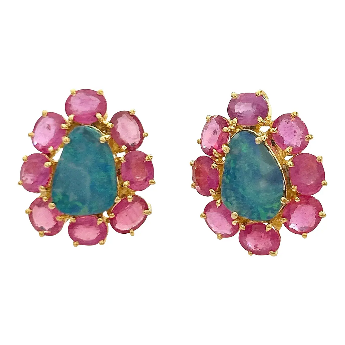 Bochic “Orient” Blue Opal & Red Ruby Earrings Set in 18k Gold & Silver - 2 Pieces
