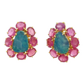 Bochic “Orient” Blue Opal & Red Ruby Earrings Set in 18k Gold & Silver - 2 Pieces