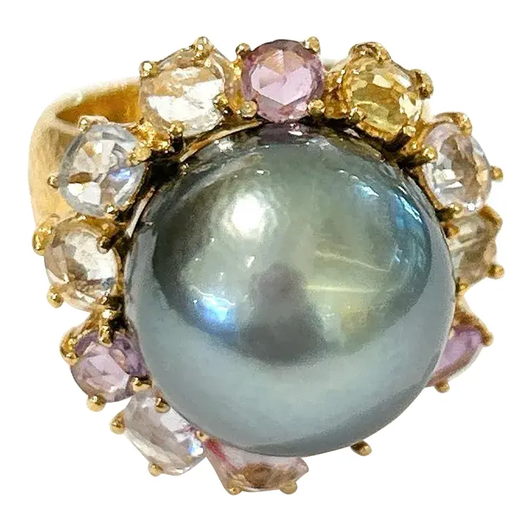 Bochic “Orient” Tahiti Pearl & Multi Color Sapphire Ring Set in 18k Gold & Silver Size 7