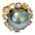 Bochic “Orient” Tahiti Pearl & Multi Color Sapphire Ring Set in 18k Gold & Silver Size 7