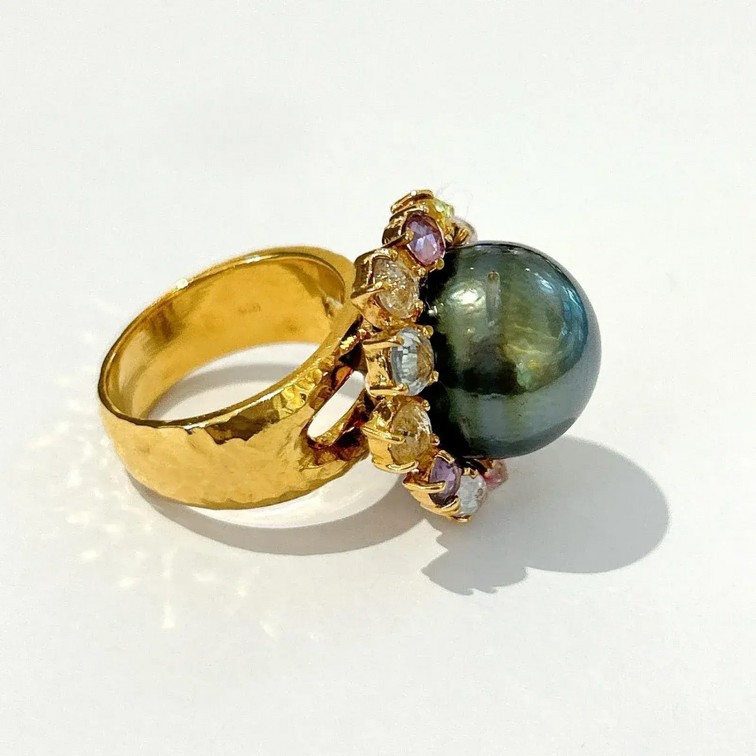 Bochic “Orient” Tahiti Pearl & Multi Color Sapphire Ring Set in 18k Gold & Silver Size 7