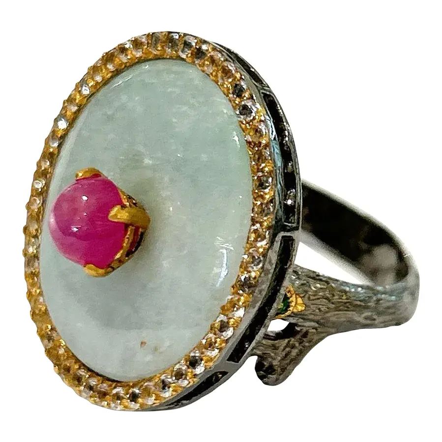Bochic “Orient” Jade & Multi Gem Ring Set in 18k Gold & Silver Size 7