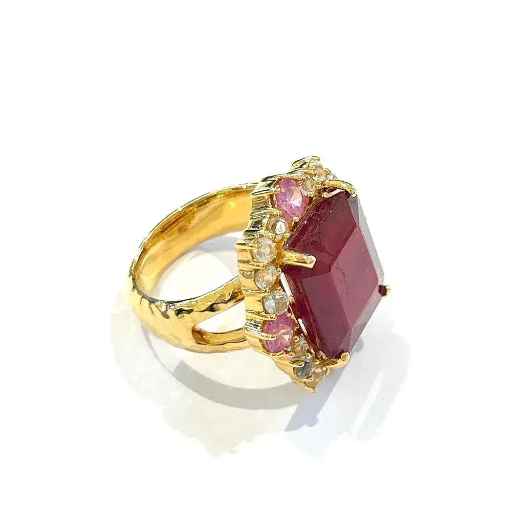 Bochic “Orient” Red Ruby & Multi Sapphire Cocktail Ring Set in 18k Gold & Silver Size 7