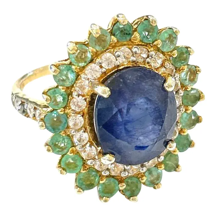 Bochic “Orient” Blue Sapphire, Emerald & Diamond Ring Set in 18k & Silver Size 7