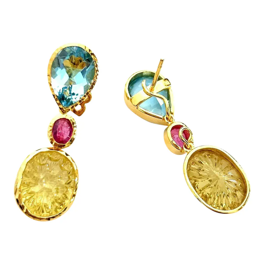 Bochic “Orient” Topaz, Ruby & Lemon Quartz Earrings Set in 18k & Silver - 2 Pieces