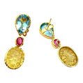 Bochic “Orient” Topaz, Ruby & Lemon Quartz Earrings Set in 18k & Silver - 2 Pieces