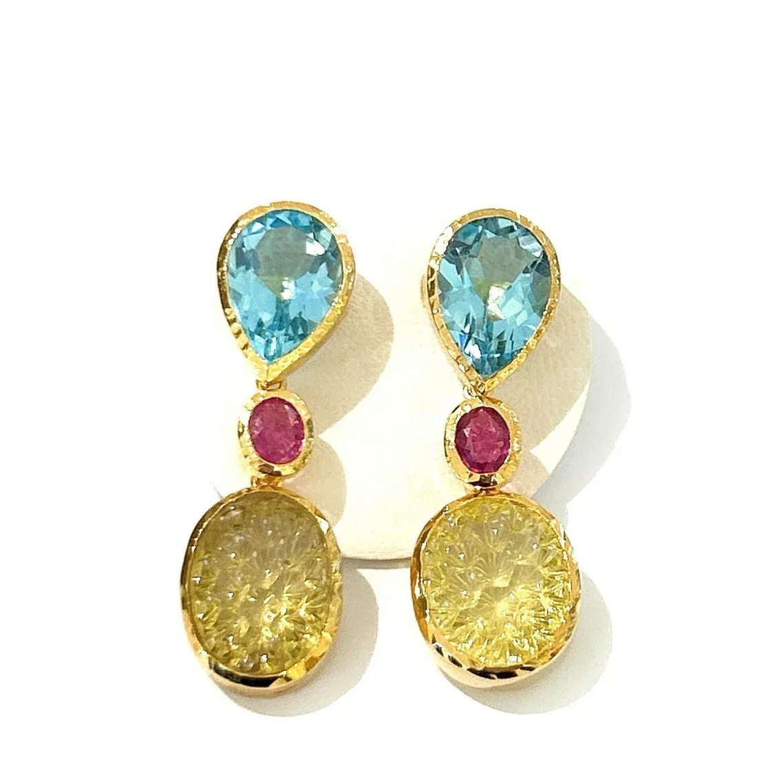 Bochic “Orient” Topaz, Ruby & Lemon Quartz Earrings Set in 18k & Silver - 2 Pieces