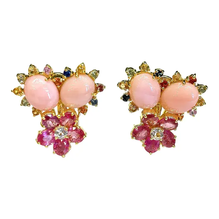 Bochic “Orient” Ruby, Coral & Multi Sapphire Earrings Set in 18k & Silver - 2 Pieces