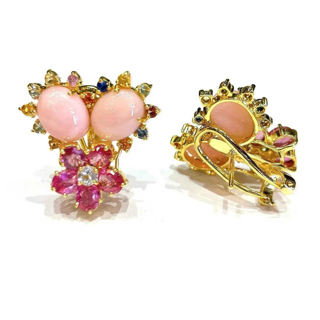 Bochic “Orient” Ruby, Coral & Multi Sapphire Earrings Set in 18k & Silver - 2 Pieces