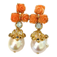 Bochic “Orient” Pearl, Coral & Multi Sapphire Earrings Set in 18k & Silver - 2 Pieces