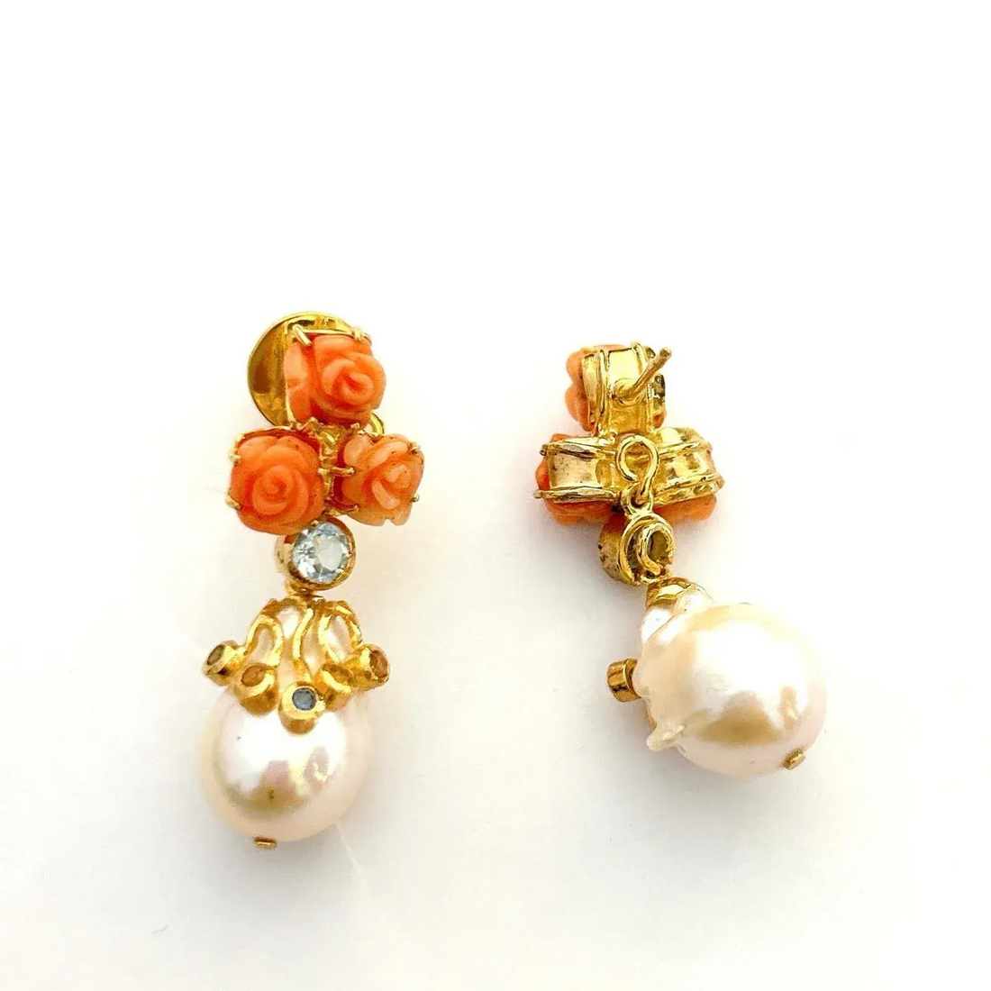 Bochic “Orient” Pearl, Coral & Multi Sapphire Earrings Set in 18k & Silver - 2 Pieces