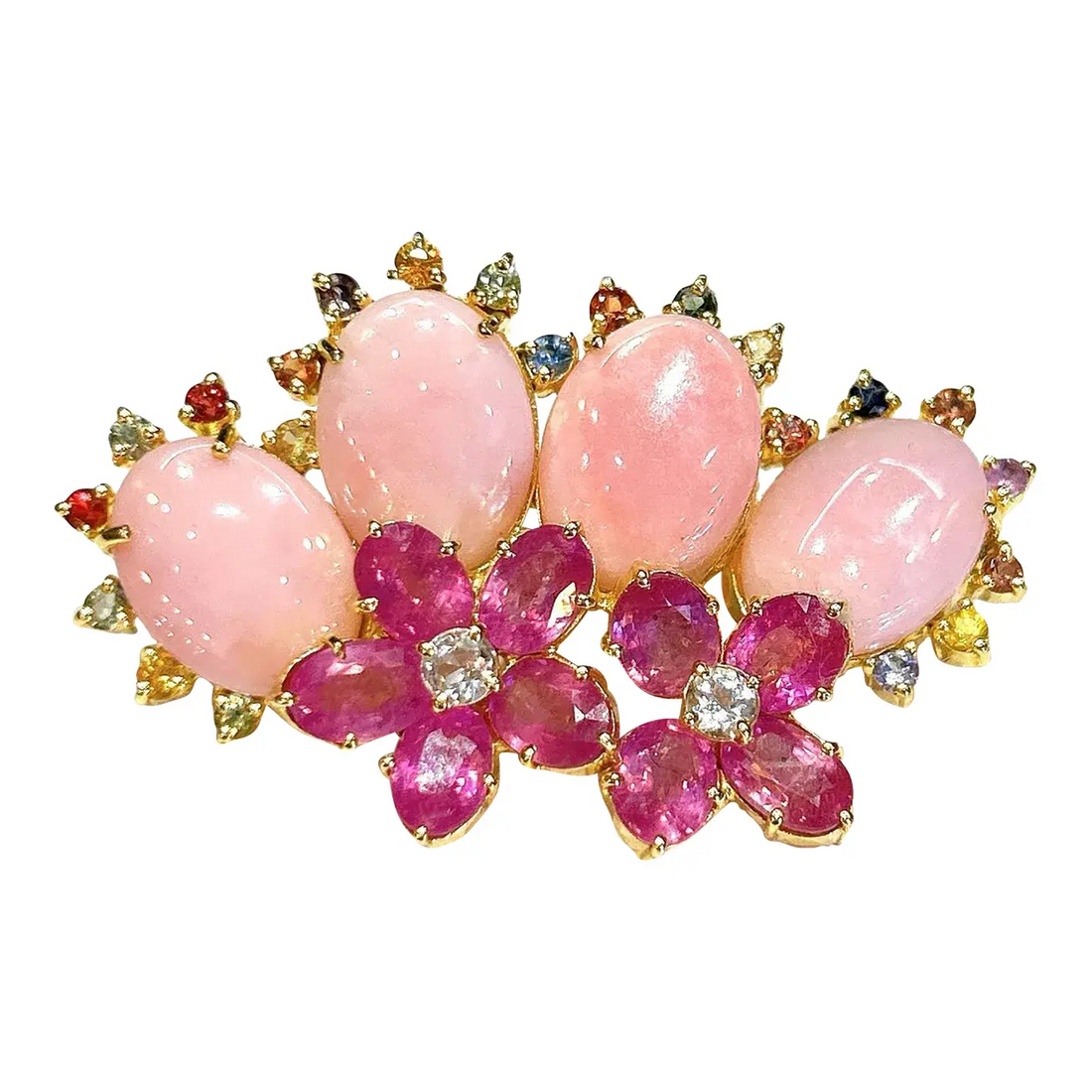 Bochic “Orient” Coral, Multi Sapphires & Ruby Brooch Set in 18k Gold & Silver