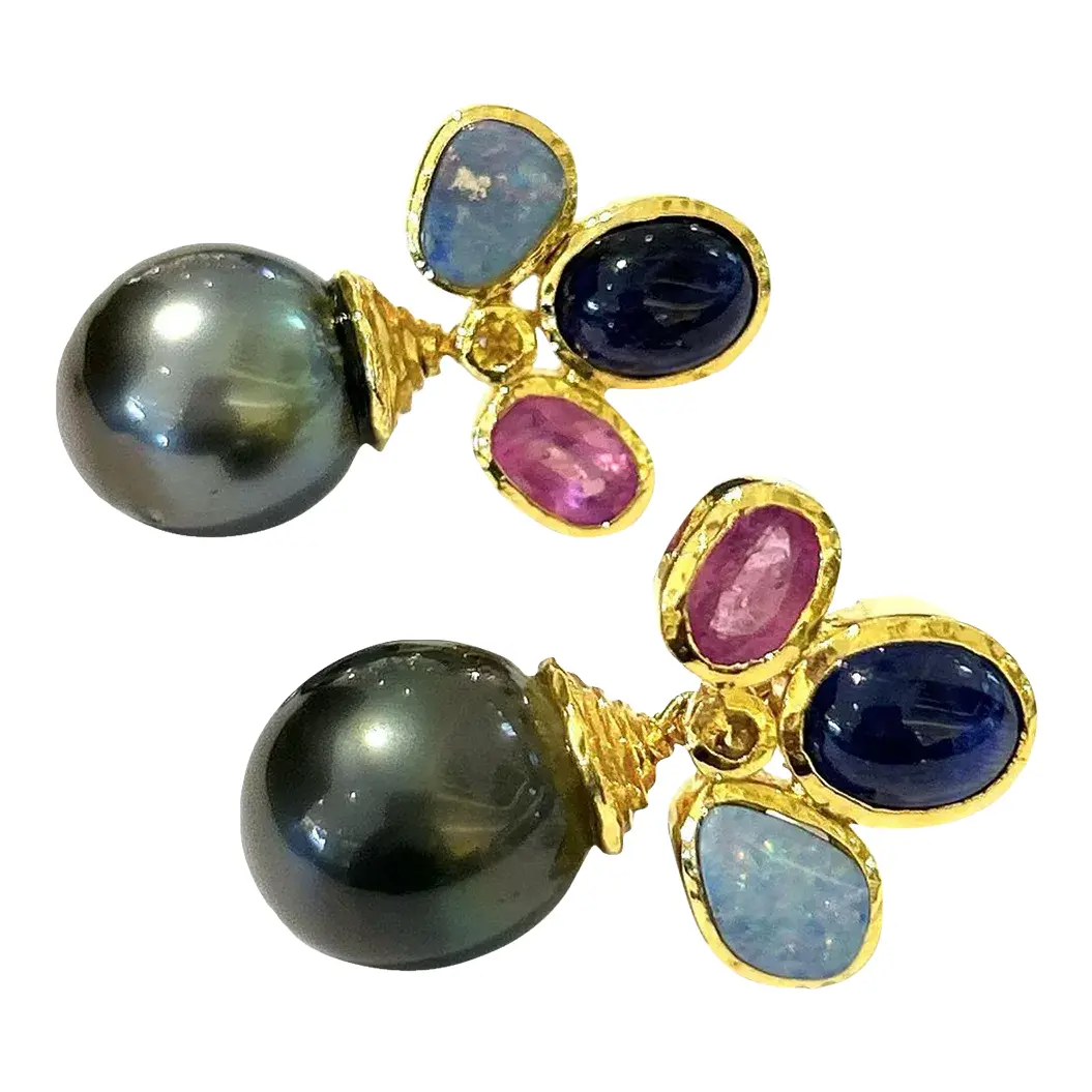 Bochic “Orient” Multi Gem & South Sea Pearl Earrings Set in 18k Gold & Silver - 2 Pieces