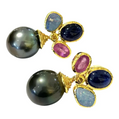 Bochic “Orient” Multi Gem & South Sea Pearl Earrings Set in 18k Gold & Silver - 2 Pieces