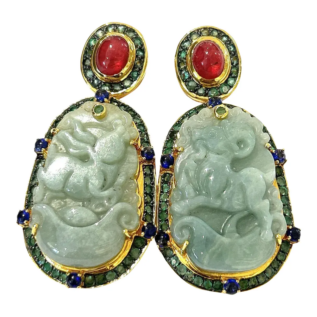 Bochic “Orient” Vintage Jade, Ruby, Emerald & Sapphire Earrings Set in 18k Gold and Silver - 2 Pieces
