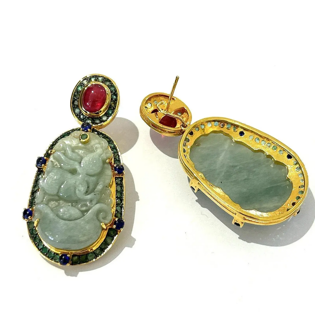 Bochic “Orient” Vintage Jade, Ruby, Emerald & Sapphire Earrings Set in 18k Gold and Silver - 2 Pieces
