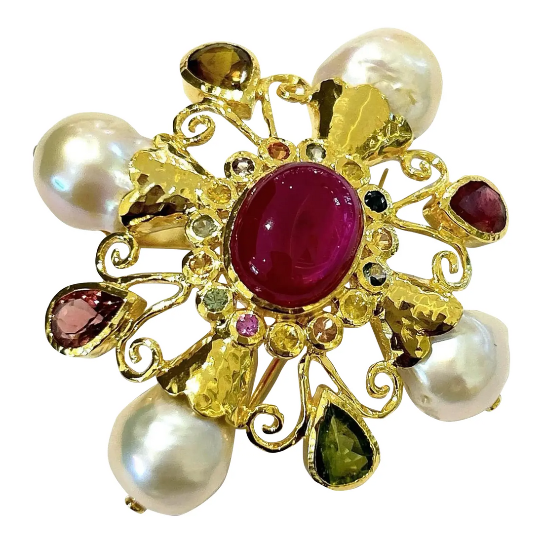 Bochic “Orient” Multi Sapphires & Ruby Brooch Set in 18k Gold & Silver