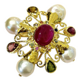 Bochic “Orient” Multi Sapphires & Ruby Brooch Set in 18k Gold & Silver