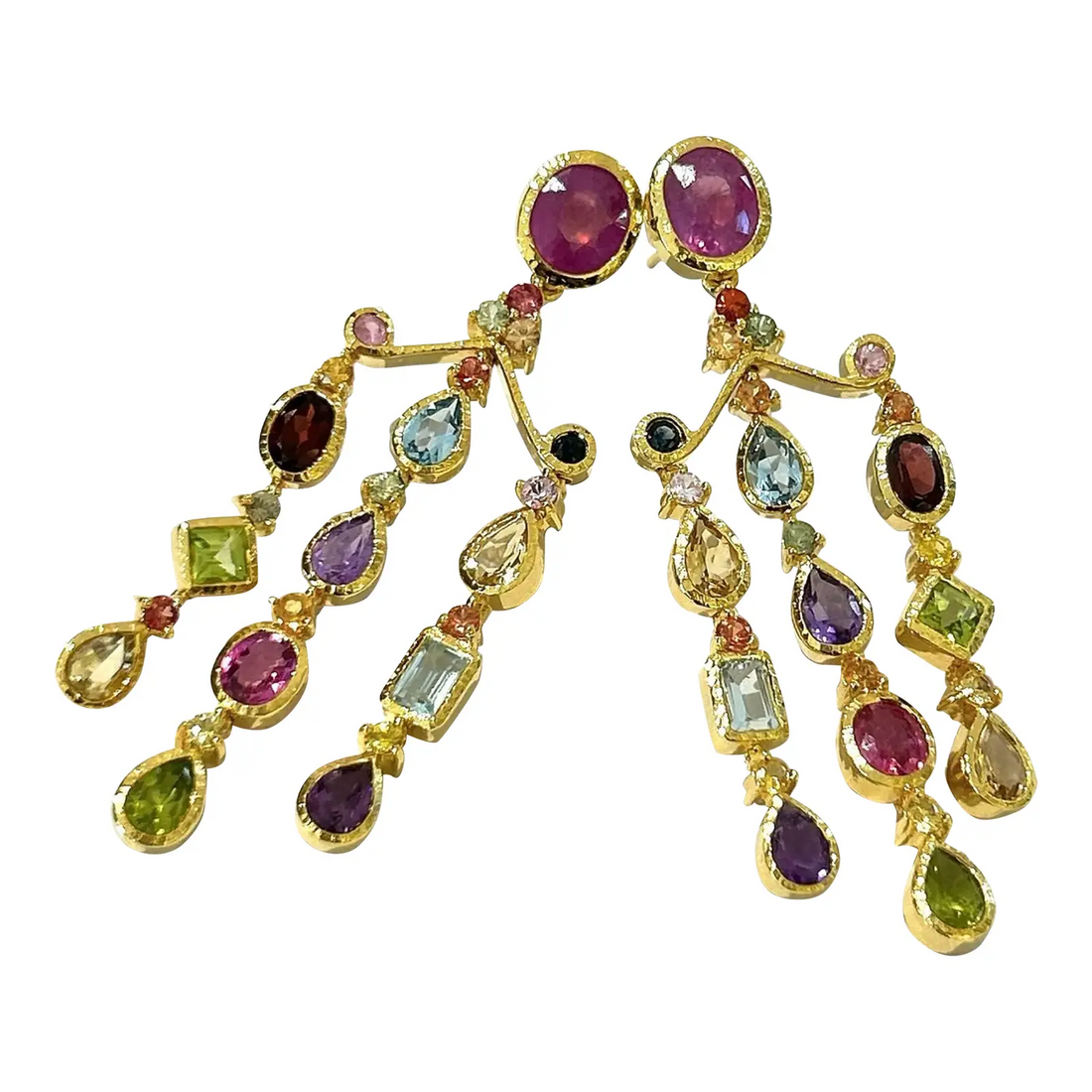 Bochic “Capri” Chandelier Ruby & Multi Gem Earrings Set in 18k Gold & Silver - 2 Pieces