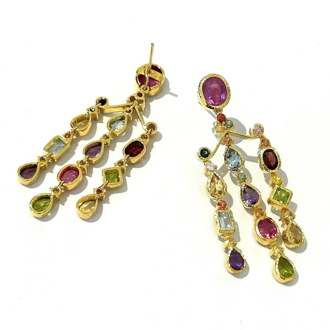 Bochic “Capri” Chandelier Ruby & Multi Gem Earrings Set in 18k Gold & Silver - 2 Pieces