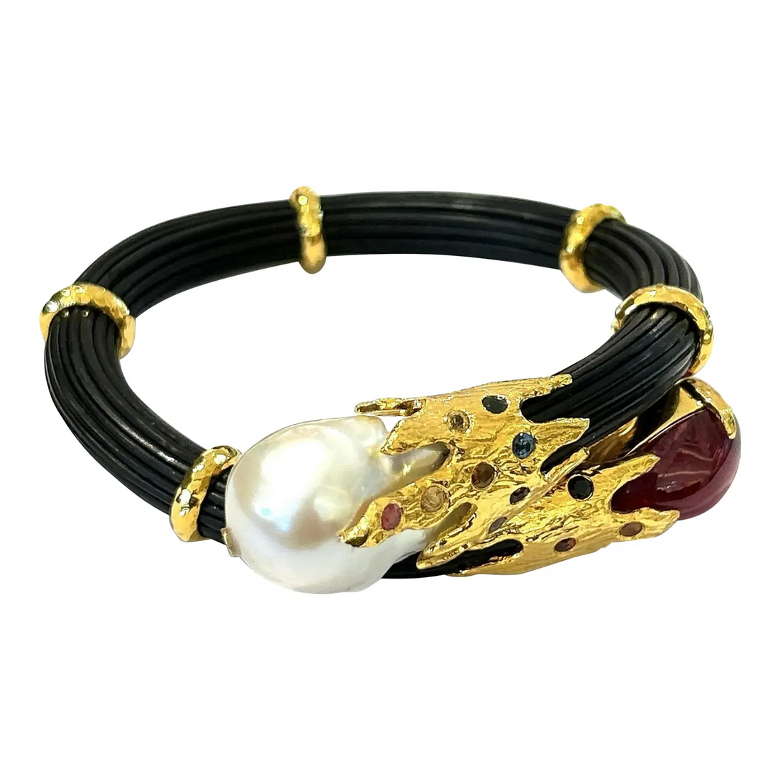 Bochic “Orient” Ruby, Sapphires & Pearl Bangle Set in 18 K Gold & Silver