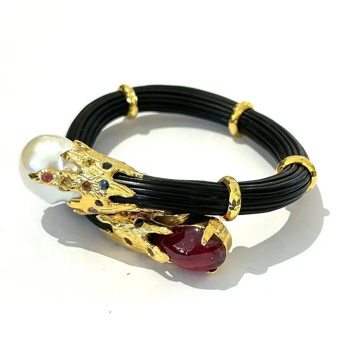 Bochic “Orient” Ruby, Sapphires & Pearl Bangle Set in 18 K Gold & Silver