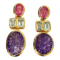 Bochic “Orient” Ruby & Topaz & Carved Amethyst Earrings Set in 18k & Silver - 2 Pieces