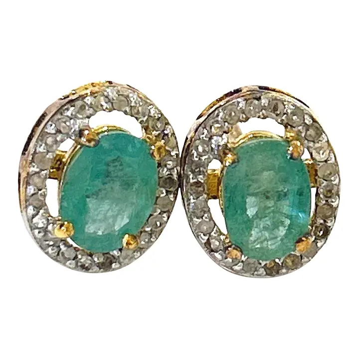 Bochic “Orient” Diamond & Emerald Stud Earrings Set in 18k Gold & Silver - 2 Pieces