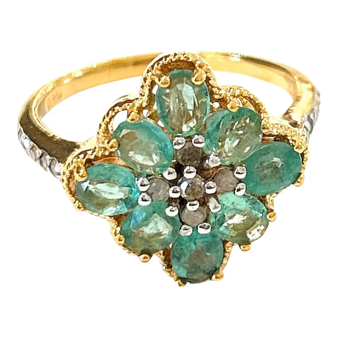 Bochic “Orient” Diamond & Emerald Vintage Cluster Ring Set in 18k & Silver Size Us 7