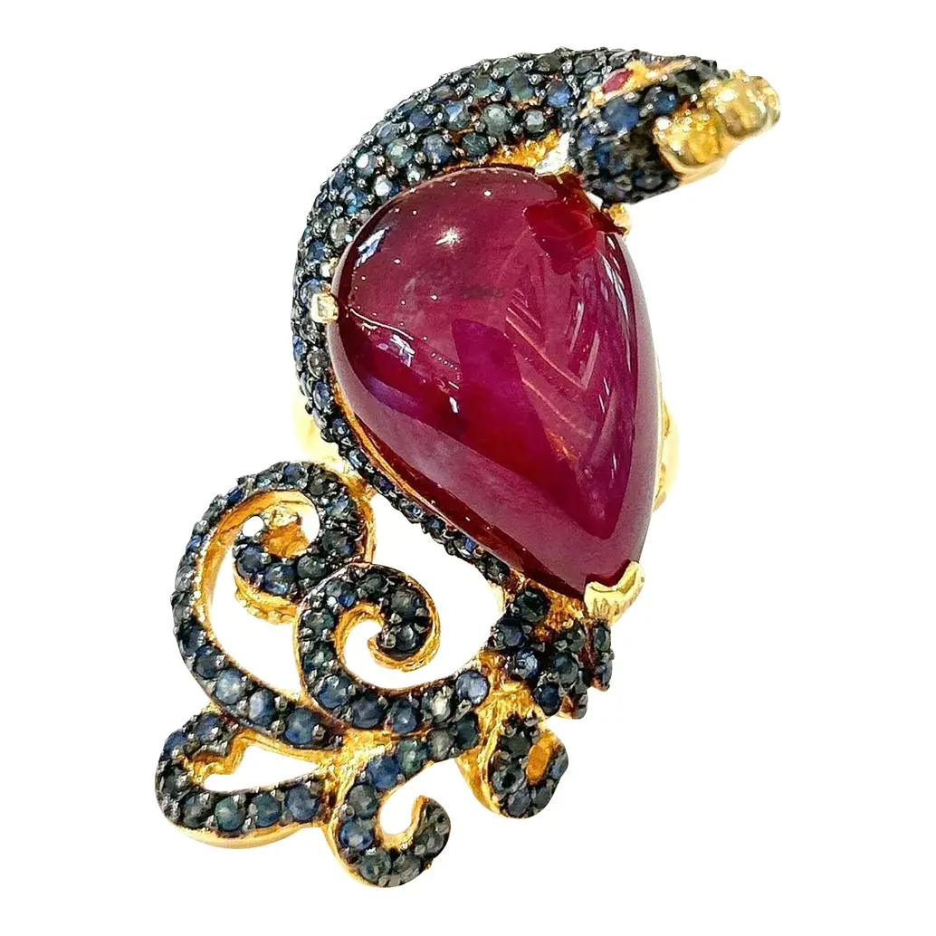 One of a Kind Bochic “Orient” Ruby, Emerald & Sapphire Swan Cocktail Ring Set 18k & Silver Size Us 7