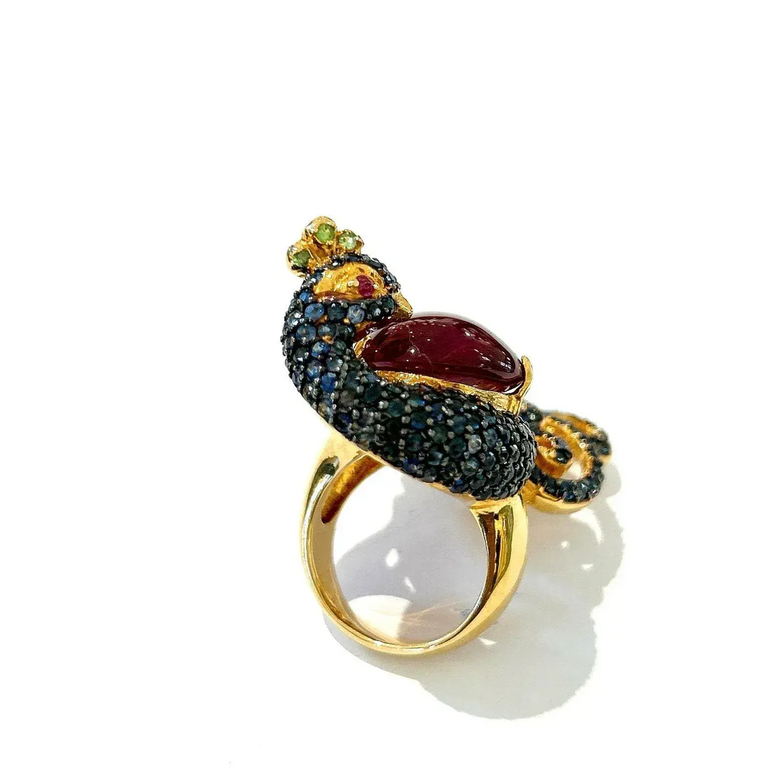 One of a Kind Bochic “Orient” Ruby, Emerald & Sapphire Swan Cocktail Ring Set 18k & Silver Size Us 7
