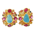 Bochic “Orient” Opal, Ruby, Sapphire & Multi Gem Earrings Set 18k Gold & Silver - 2 Pieces