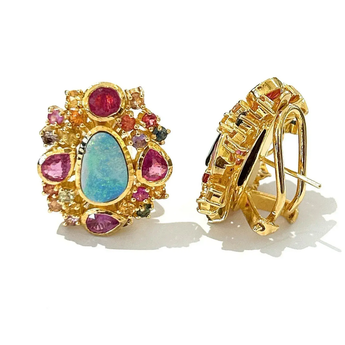 Bochic “Orient” Opal, Ruby, Sapphire & Multi Gem Earrings Set 18k Gold & Silver - 2 Pieces