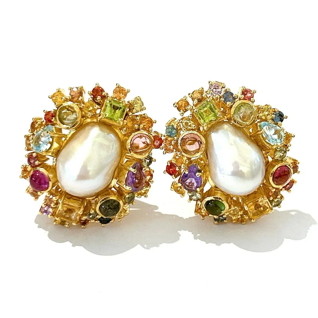 Bochic “Orient” Pearl, Ruby, Sapphire & Multi Gem Earrings Set 18k Gold & Silver - 2 Pieces