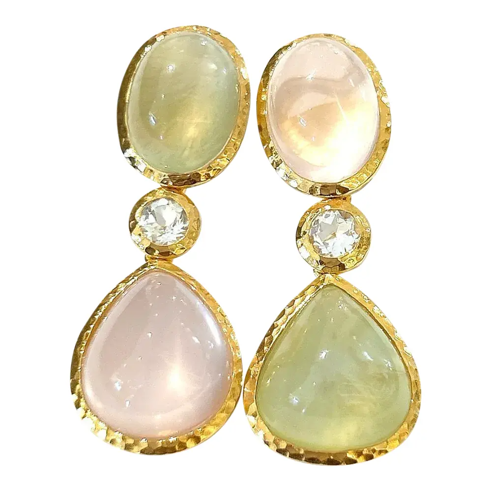 Bochic “Capri” Rose Quartz & Multi Gem Italian Earrings Set 18k Gold & Silver - 2 Pieces