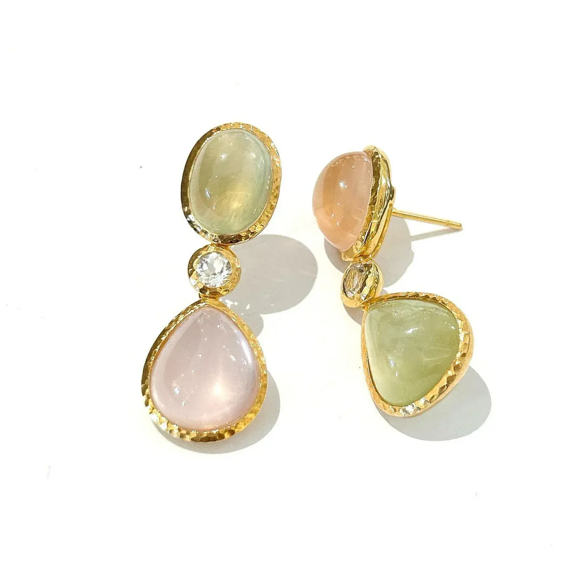 Bochic “Capri” Rose Quartz & Multi Gem Italian Earrings Set 18k Gold & Silver - 2 Pieces