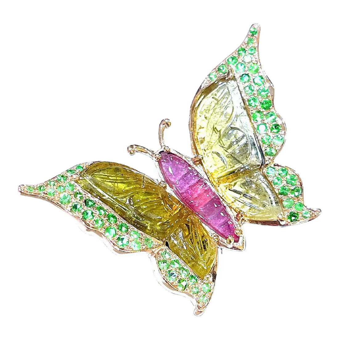 Bochic “Orient” Carved Tourmaline & Tsavorite Ring Set in 18k Gold & Silver Size Us 7