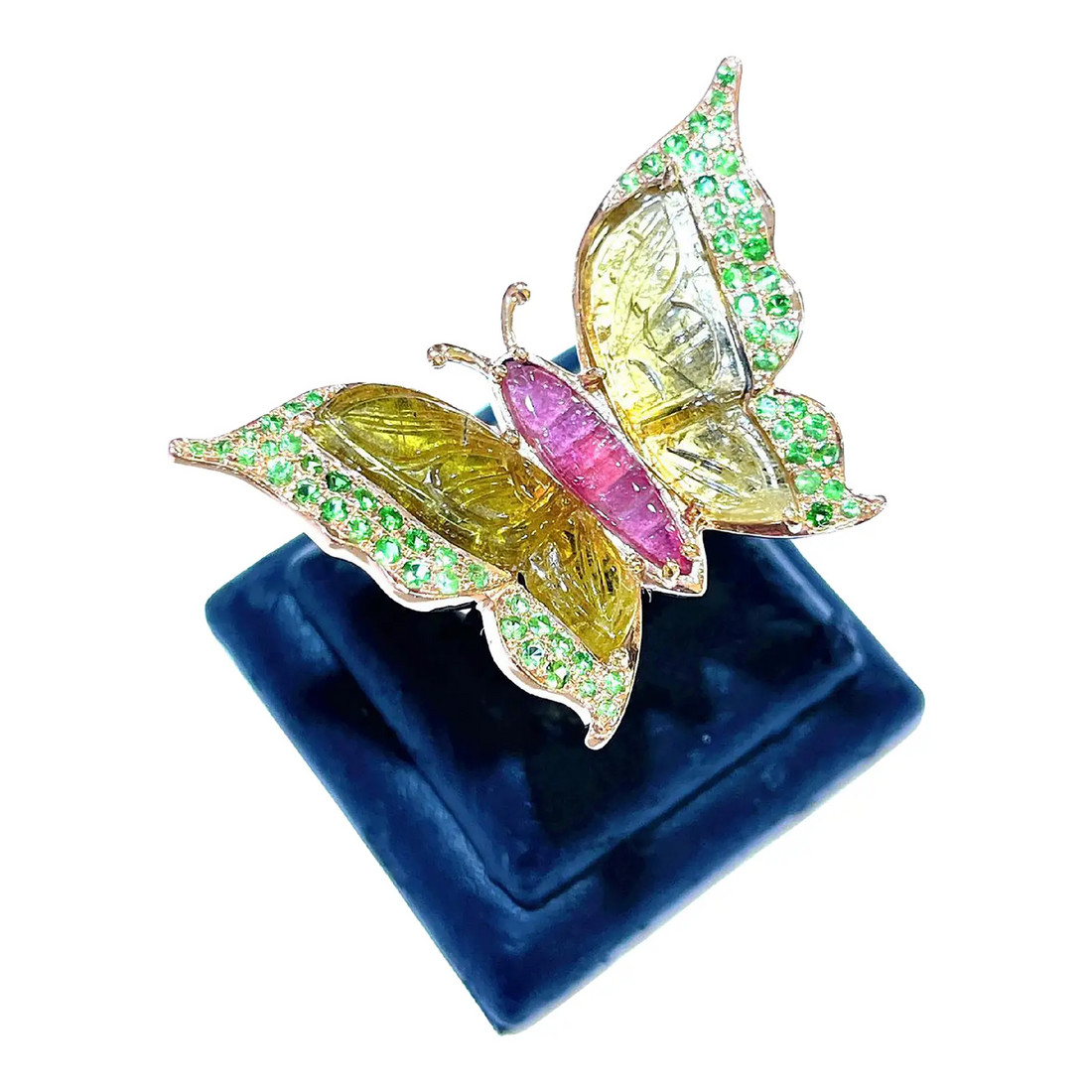 Bochic “Orient” Carved Tourmaline & Tsavorite Ring Set in 18k Gold & Silver Size Us 7
